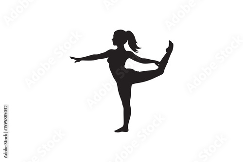 Silhouette of a woman performing a yoga pose standing on one leg while holding the other leg up with her hand isolated Art & Illustration