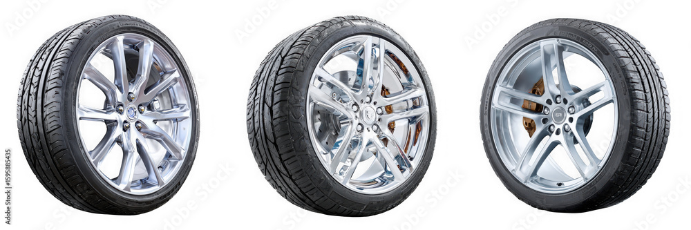 Obraz premium Three silver alloy car wheels with tires and brakes on white isolated on transparent background