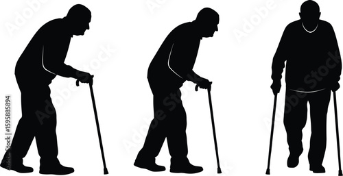 Vector art of silhouettes of elderly men walking with canes, depicting the challenges and resilience of aging