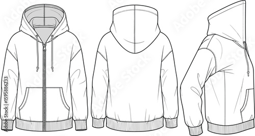 CAD drawing flat vector illustration, front back side hoodie view, zip up hoodie sketch, fashion technical design template