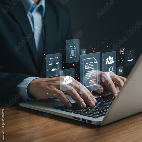 Lawyer using laptop with legal icons and digital documents