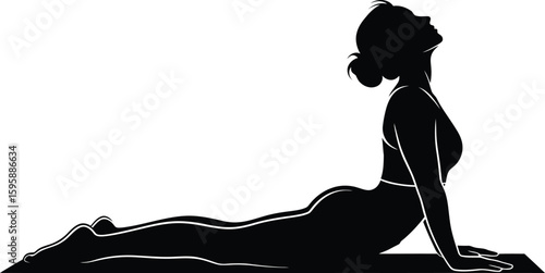 Vector art of a silhouette of a woman in cobra yoga pose, showcasing fitness, flexibility, and healthy lifestyle