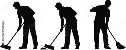 Vector art of silhouette of a man sweeping the floor with a broom