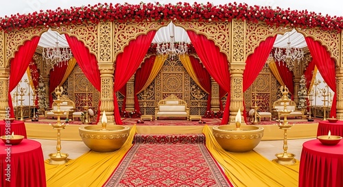 Luxurious indian wedding stage decorated with red flowers and golden accents setting a romantic