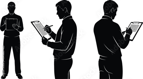 Vector art of silhouette of a man writing a clipboard, representing business, inspection, and notetaking