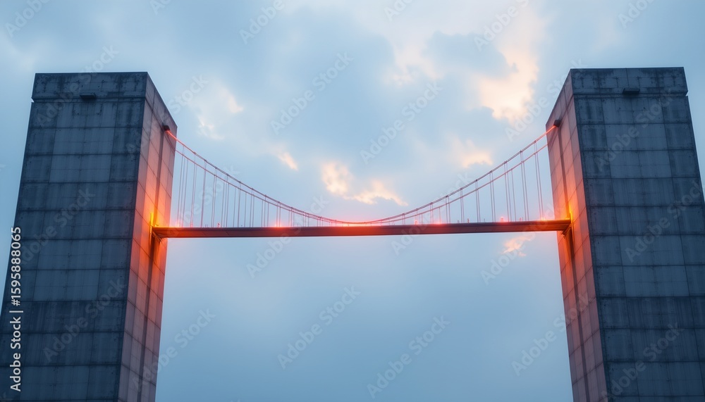 Abstract Suspension Bridge with Concrete Towers and Glowing Lights Against a Cloudy Sky, Architectural Landmark, Engineering Marvel, Modern Infrastructure Abstract Suspension Bridge with Concrete Towers and Glowing Lights Against a Cloudy Sky, Architectural Landmark, Engineering Marvel, Modern Infrastructure