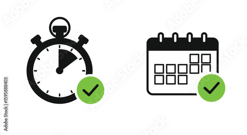 Time Management Icons - Stopwatch and Calendar with Checkmarks