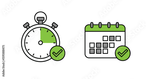Time Management Icons - Stopwatch and Calendar with Checkmarks
