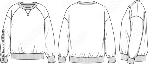 Crew neck sweatshirt flat sketch, raglan sleeve pullover cad drawing, front back side view, technical fashion vector illustration
