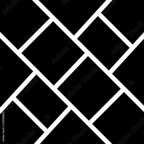 Abstract geometric photo frame collage design with black squares and diamonds outlined in white, featuring a modern warped grid pattern ideal for minimalist image presentation or decorative overlay.