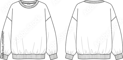 Crewneck sweatshirt technical flat sketch, front and back view, ribbed cuffs and hem, oversized fit apparel, CAD vector drawing