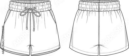 Elastic waist drawstring shorts flat sketch, fashion technical design, casual summer bottom, vector apparel template, clothing CAD illustration