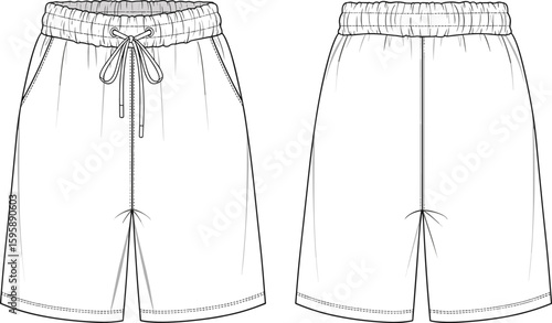 Elastic waist drawstring shorts technical flat sketch, front and back view, casual fashion garment, CAD drawing flat vector illustration