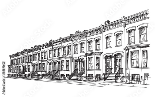 City street with row houses sketch vector illustration