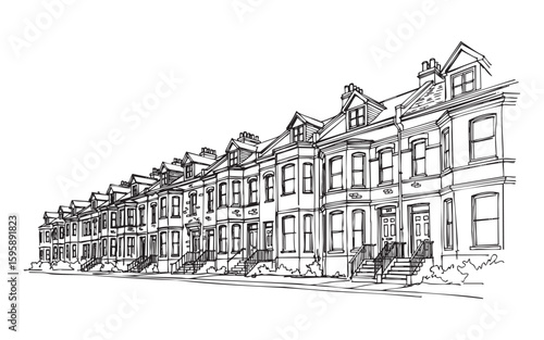 row houses woodcut engraving vector illustration