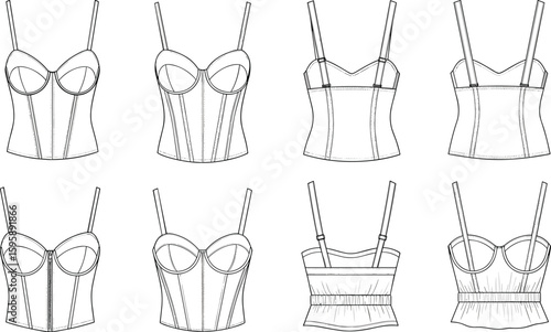 Flat cad drawing of eight corset tops, front and back views, technical vector sketch, structured design, adjustable straps, fashion illustration