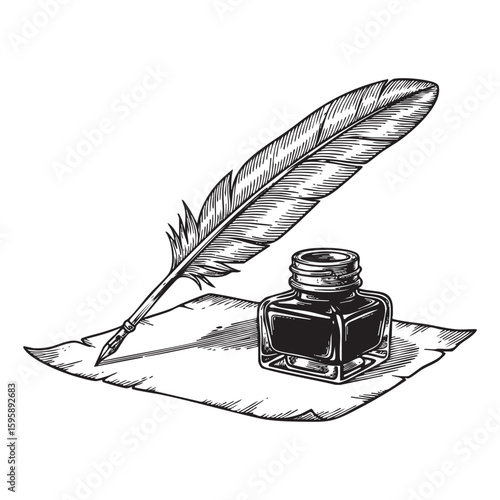 vintage quill and inkwell on parchment woodcut engraving vector illustration