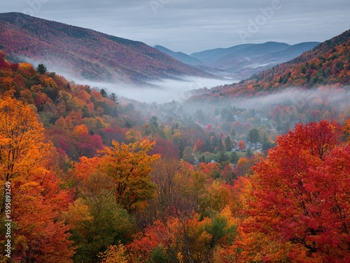 Peak autumn foliage scarlet maple forest in Vermont mist-filled valleys, quintessential fall art for calendars, nature blogs, or New England tourism.