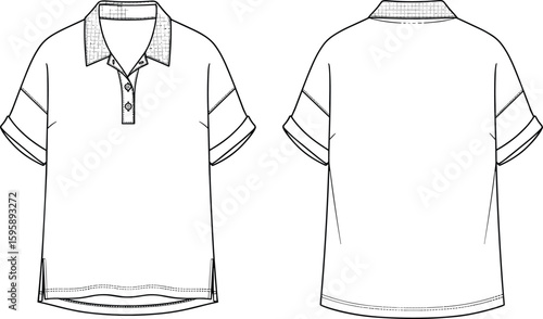 Flat cad drawing of men’s polo shirt with collar detail, front and back view, vector fashion technical sketch illustration