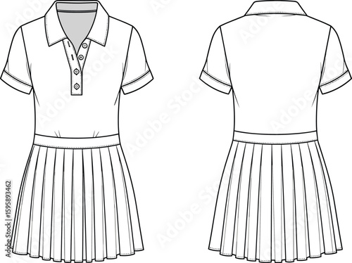 Flat cad drawing of pleated polo dress with collar, short sleeves, waist seam, button placket, front and back vector sketch