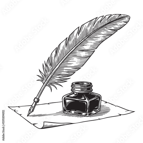 vintage quill and inkwell on parchment woodcut engraving vector illustration