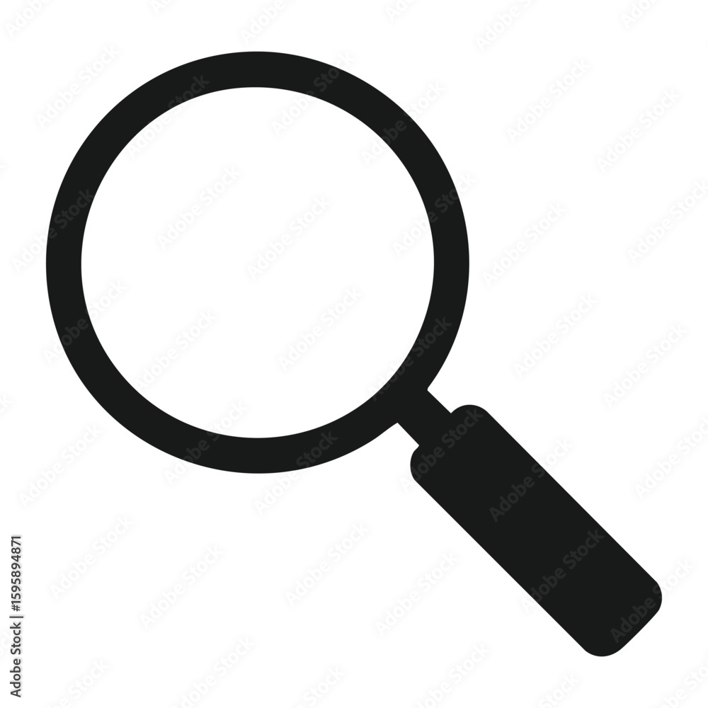 Black magnifying glass icon isolated on white background, symbol for search, zoom, inspection, and exploration in digital or physical contexts Black magnifying glass icon isolated on white background, symbol for search, zoom, inspection, and exploration in digital or physical contexts