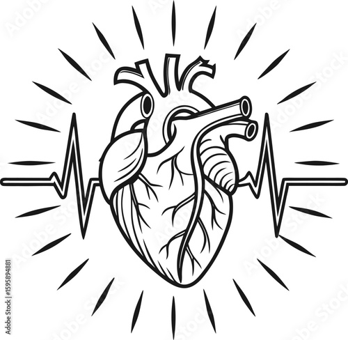 Black and white illustration of a human heart with a heartbeat line and radiating lines