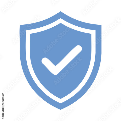 Blue shield icon with check mark, security and protection symbol isolated on white background for data safety and verification
