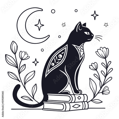 Mystical feline line art vector design featuring intricate details and celestial elements for diverse applications