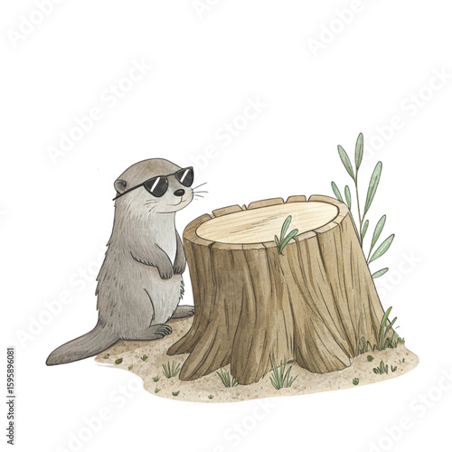 A cut down log the cutest animal in the world wearing sunglasses