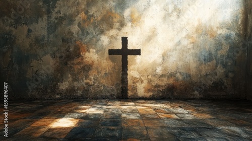 Cross of faith: A symbol of unwavering faith and enduring hope, a solitary cross stands bathed in ethereal light, casting its shadow on a weathered backdrop of textures