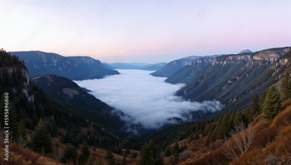 Fototapeta premium Scenic Mountain Valley Overlooking Foggy Wilderness at Sunrise