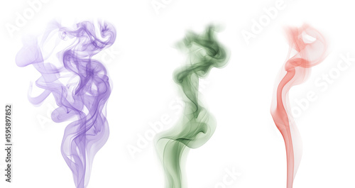 Smoke in purple green and red color on the transparent background. Cigarette quitting concept. Air pollution idea