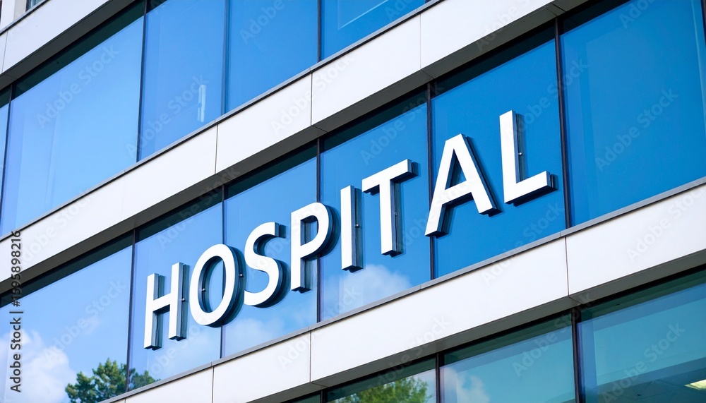 Modern hospital building with glass facade and the word HOSPITAL prominently displayed Modern hospital building with glass facade and the word HOSPITAL prominently displayed