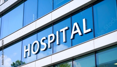 Modern hospital building with glass facade and the word HOSPITAL prominently displayed