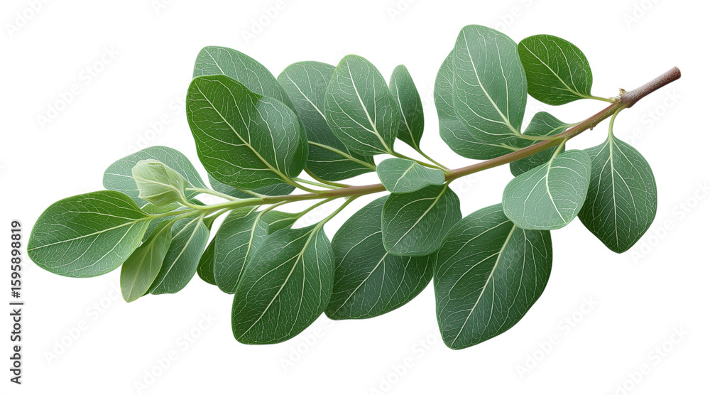 Fototapeta premium A single curved branch with green leaves, isolated on a transparent background in PNG format.