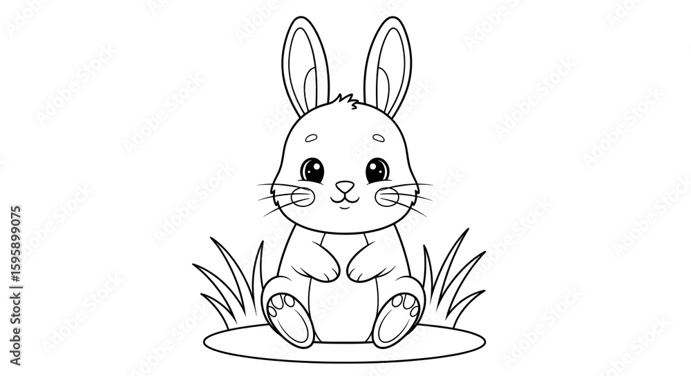 Fototapeta premium Kids coloring page illustration of cute bunny rabbit sitting in grass, line drawing