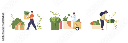 Online grocery shopping delivery illustration with characters receiving fresh organic vegetables and unpacking boxes in flat minimalist style