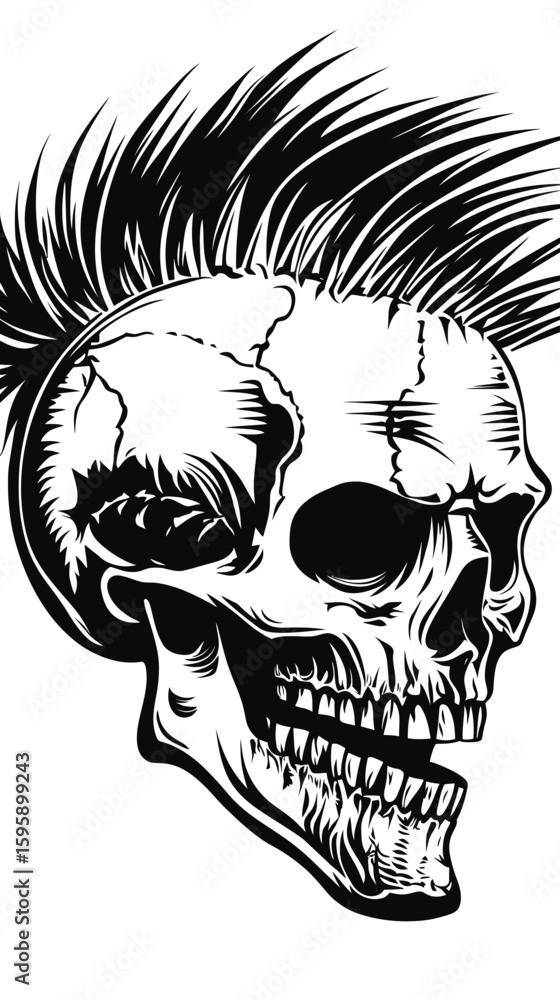 Fototapeta premium Punk Skull with Spiked Mohawk and Detailed Black and White Engraving Style Vector Illustration of Human Cranium Side View