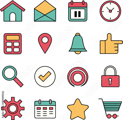 Collection of sixteen colorful flat design icons including house envelope calendar clock calculator map bell thumbs up search checkmark target