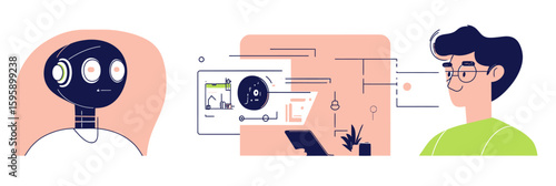 Human interacting with robot using tablet for artificial intelligence communication and digital data exchange technology concept in flat vector style