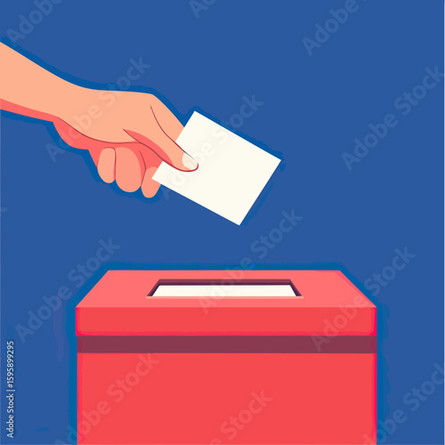 Hand inserting ballot paper into red voting box isolated on blue background minimalist flat vector illustration of democratic election concept for participation and citizen rights