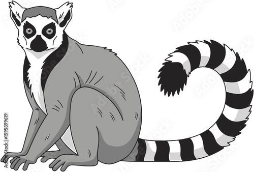 Detailed Black and White Illustration of a Ring-Tailed Lemur Sitting Gracefully