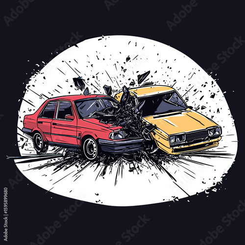 Illustration of red and yellow cars crashing frontally with shattered glass sharp debris impact effect on dark background vector art with dynamic explosion elements