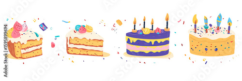 Colorful birthday cake slices with frosting and candle decorations party celebration festive dessert vector illustration flat design isolated on white background