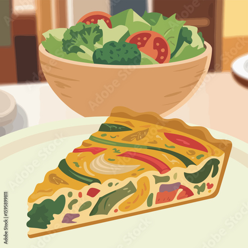 Fresh vegetable quiche and salad meal