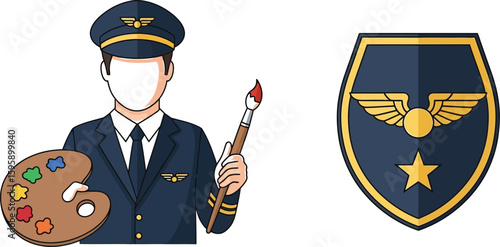 A cartoon pilot in uniform holds a paint palette and brush, next to an aviation badge, showcasing a unique blend of professions and creative expression.