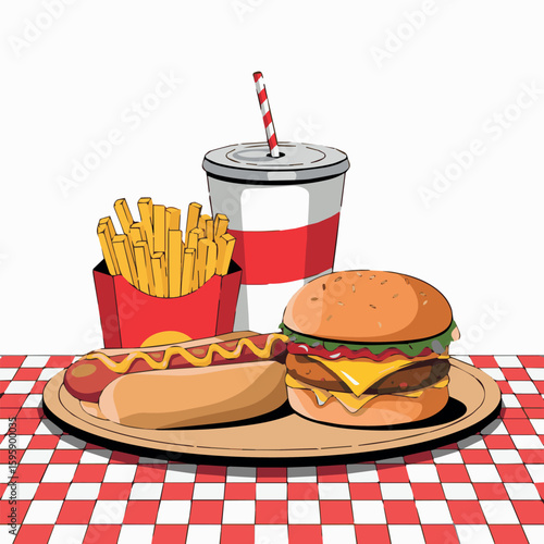 Fast food combo illustration featuring burger fries hotdog and soda on a picnic table cloth design