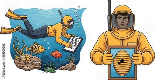 Cartoon illustration showcases a diver in scuba gear taking notes underwater alongside a beekeeper in protective suit holding a beehive illustration, emphasizing nature and science.