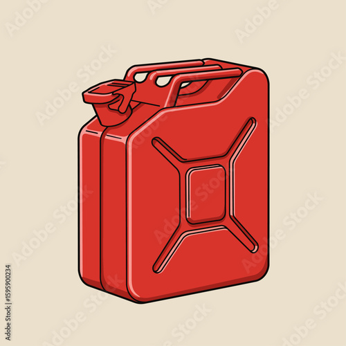 A red metal jerrycan with a spout and handle, set against a light beige background.